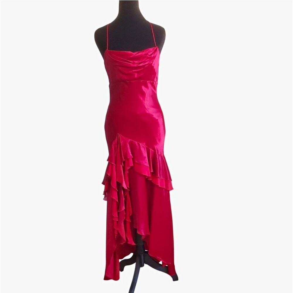 Vintage Y2k Red Satin Asymmetric Formal Dress Gown HOCO Prom Vamp Fairy Size 5/6